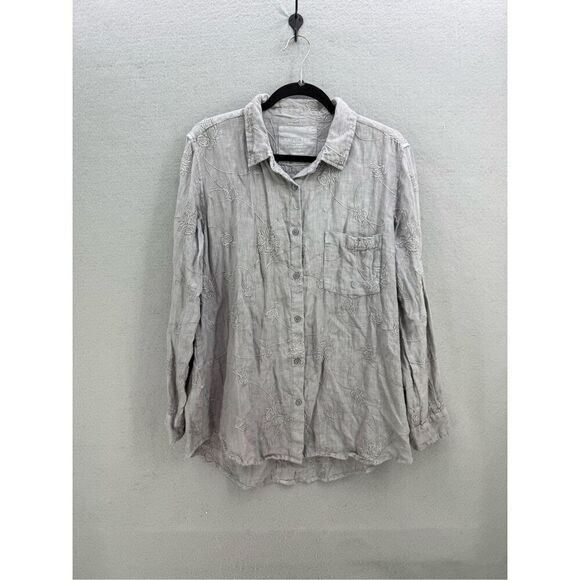 Karyn Seo Womens Gray Linen Embroidered Roll Tab Sleeve Button Up Shirt Sz Large - Picture 1 of 10